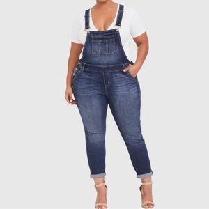 Torrid Stretch Denim Cropped Overalls 14 Dark Wash Distressed Bib Pockets Buckle
